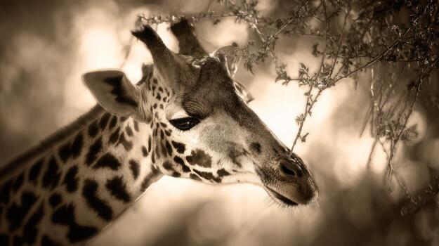 Elegant giraffe head portrait with soft lighting and natural details photo