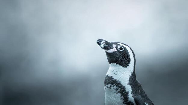 Penguin against blurred background featuring black and white plumage photo