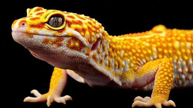 Close up of a vibrant gecko reptile with orange and yellow patterns photo