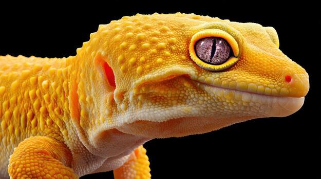 Vibrant yellow gecko close up against black background reptile portrait photo