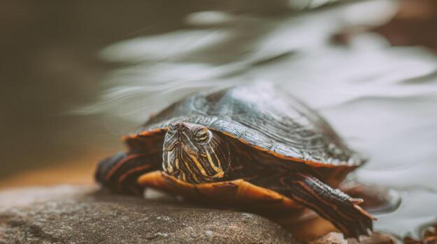 Close up of a turtle resting on a rock with subtle lighting photo