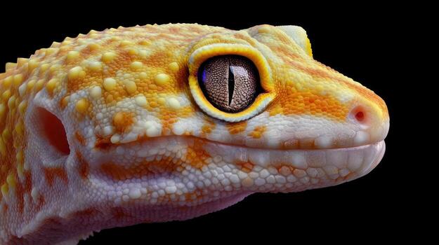 Close up of a gecko with textured skin and striking eye detail on a dark backdrop photo