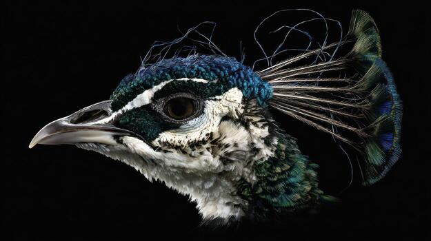 Close up profile of a peacock head with detailed feathers on a black background photo