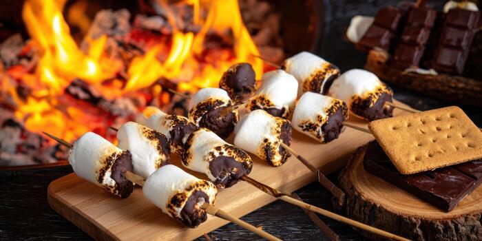 Roasted marshmallows on skewers with chocolate and graham crackers photo