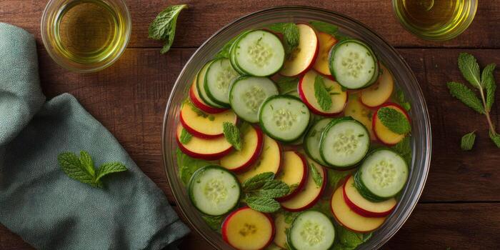 Overhead view of a fresh salad with cucumber and peach slices photo