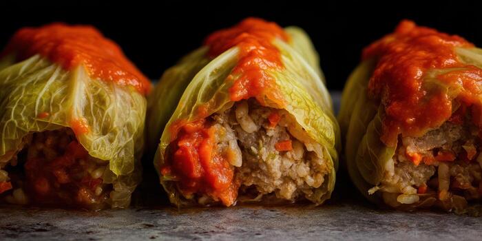 Close up of stuffed cabbage rolls with tomato sauce on a stone surface photo