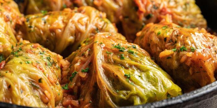 Close up of prepared cabbage rolls with a visible fresh green leaf detail photo