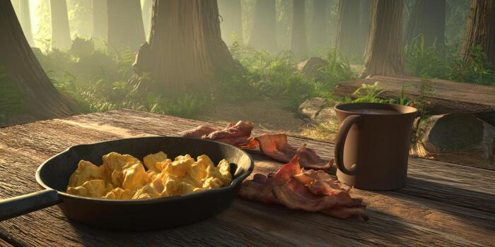 A pan with bacon and coffee on a table photo