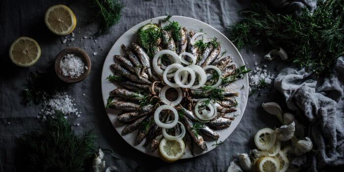 Overhead view of a plate of seasoned fish with lemons and onions photo