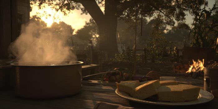 Steaming pot and bread on a plate outdoors with soft lighting and trees in background photo