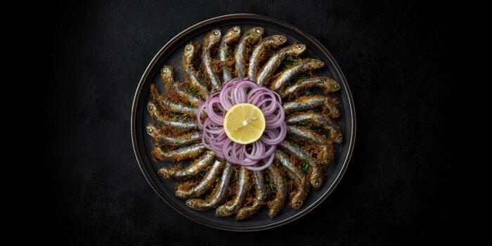 Arrangement of cooked fish with onion and lemon on a black plate photo