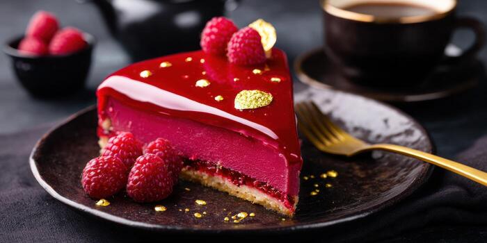 Raspberry cake slice on plate with coffee cup and gold fork close up photo