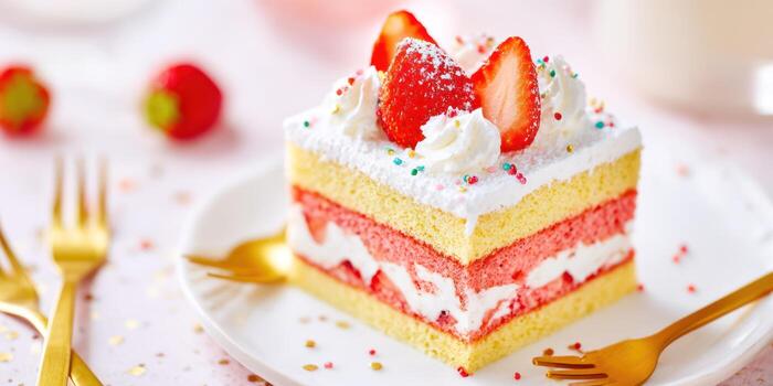 fresa pastel postre en plato con dorado tenedor vistoso asperja foto