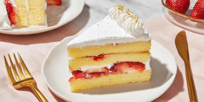 Strawberry shortcake slice on plate with fork and knife overhead studio shot photo
