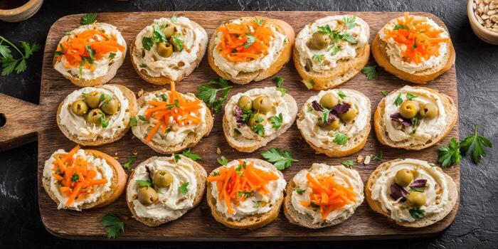 Overhead shot of assorted canapes with various toppings on wooden board photo