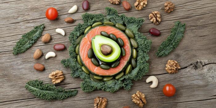 Salmon, avocado, nuts and seeds on a wooden table photo