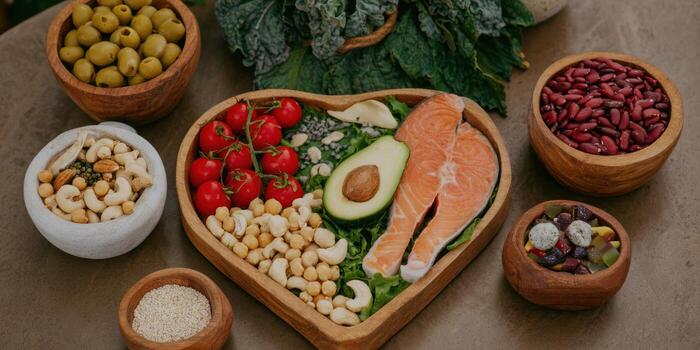 Healthy food arrangement with various ingredients displayed in wooden bowls overhead view photo