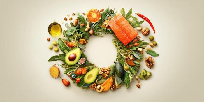 A wreath of food is arranged in the shape of an o photo