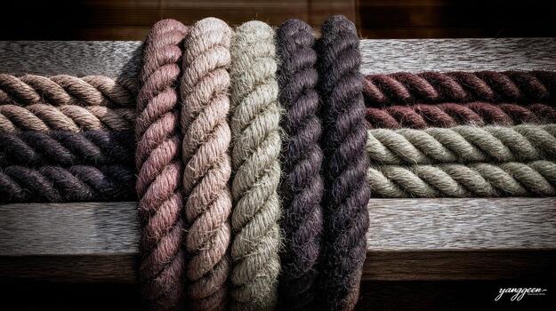 Close up of multicolored ropes arranged on a wooden surface for various uses photo