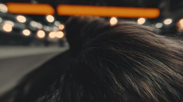 Close up of a person with brown hair in a blurry background photo