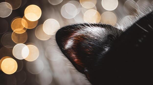 cerca arriba de un negro gato oído con bokeh luces en el antecedentes foto