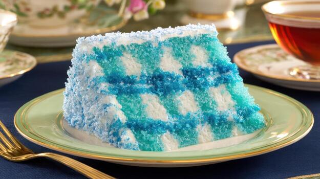 Slice of colorful cake on plate with elegant table setting photo