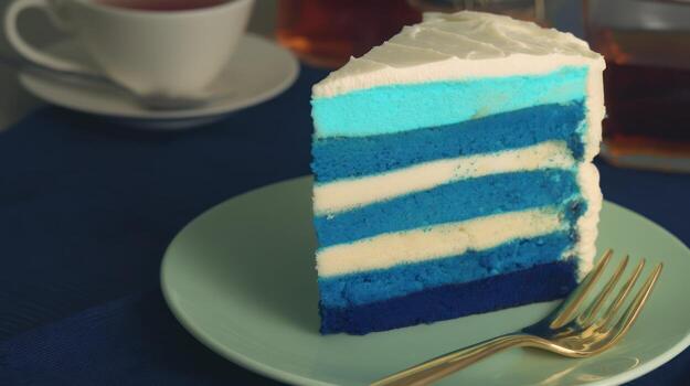 Delicious layered cake slice with blue and white frosting on a plate photo
