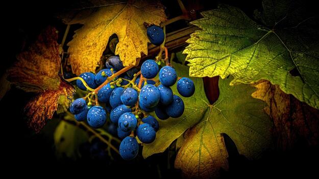 Close up of ripe blue grapes and leaves against a dark background photo