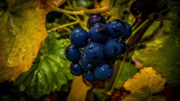 Close up of ripe dark grapes on a vine with green and yellow leaves photo
