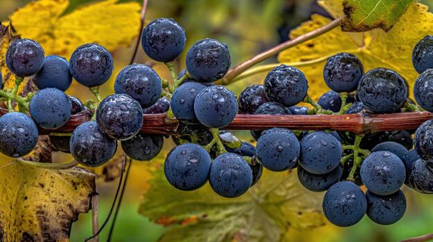 Close up of ripe dark grapes on vine with yellow leaves in sunlight photo