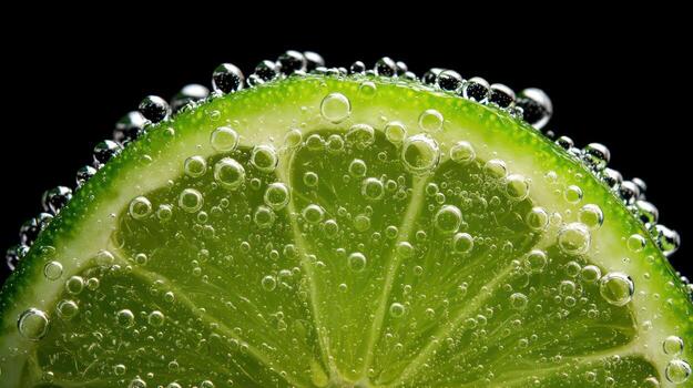Close up of a lime slice with bubbles against a black background photo