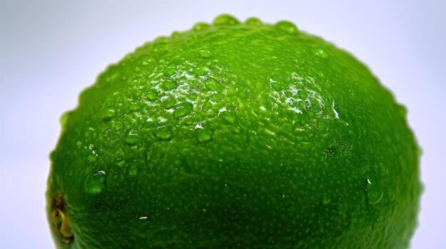 Close up of a vibrant green lime showcasing texture and water droplets photo