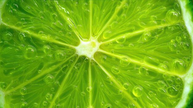 Close up of a vibrant green lime slice with water droplets photo