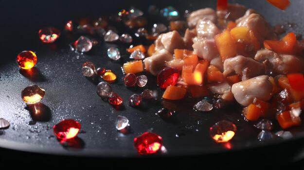 Close up of food being prepared with colorful jewels on a dark surface photo