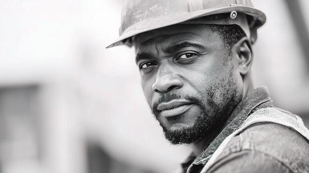 A black and white photo of a man in a hard hat
