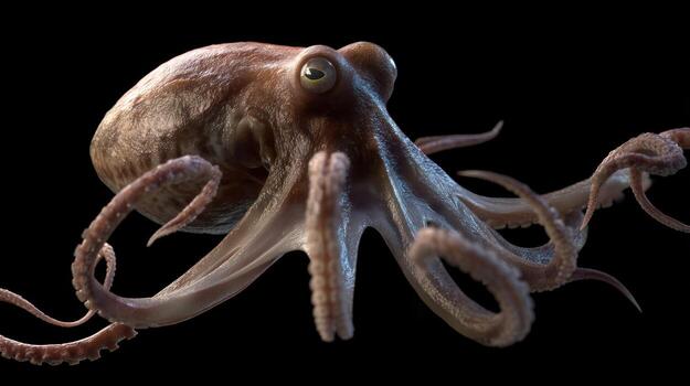 Detailed illustration of an octopus with multiple tentacles on black background photo