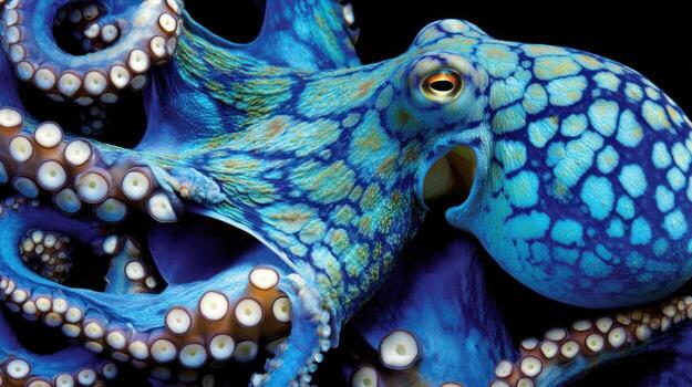 Vibrant blue octopus showcasing intricate skin patterns and textures against dark background photo