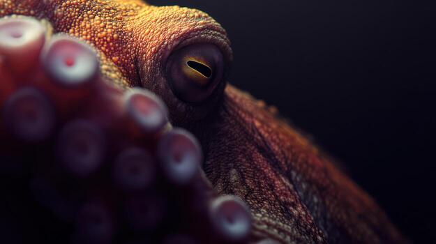Close up of octopus eye and tentacles against dark background photo