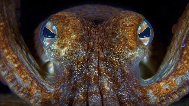 Close up view of an octopus detailed eyes texture and pattern dark background photo