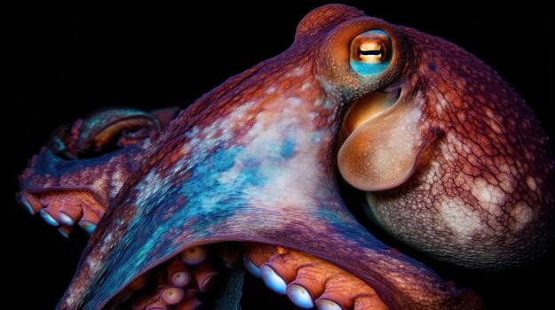 Detailed close up of colorful octopus with textural skin isolated photo