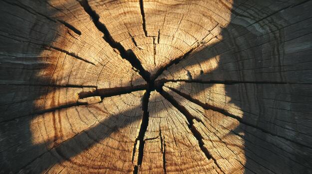 Close up of a cross section of a weathered tree trunk with cracks and rings photo