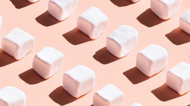 Overhead view of marshmallows on a pastel pink background with shadows photo