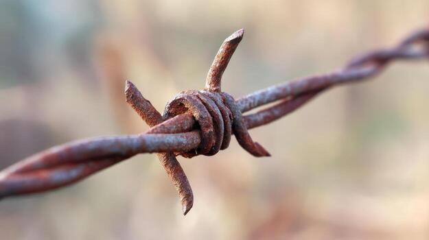 Close up of rusty barbed wire with shallow depth of field on blurred background photo