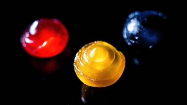 Three colorful spheres on black background with soft focus and reflections photo
