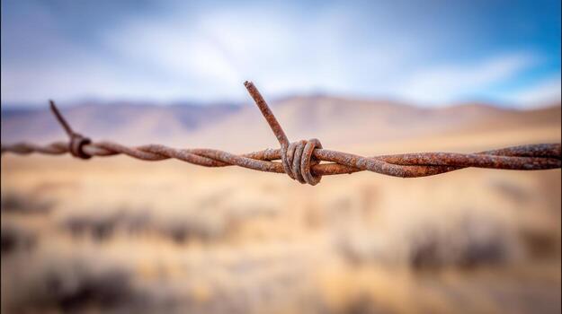 Close up of barbed wire with blurred background of terrain and sky photo