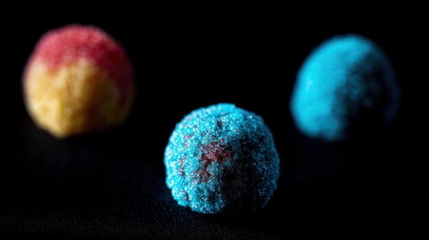 Three colorful spherical objects against black background with soft focus photo