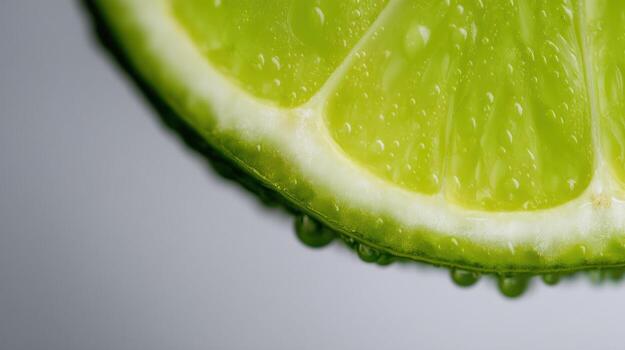 Close up of a fresh lime slice with water droplets against a simple background photo