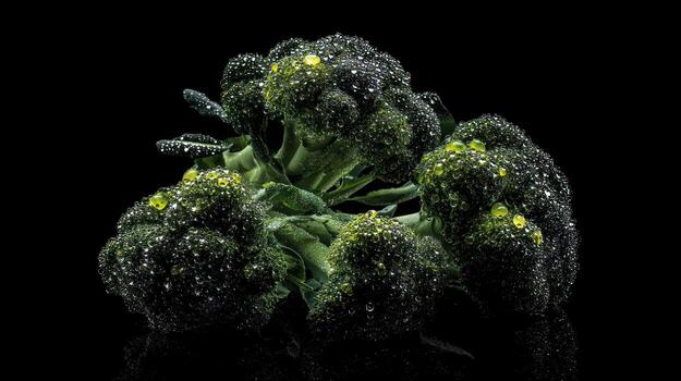 Fresh broccoli with water droplets against black background photo