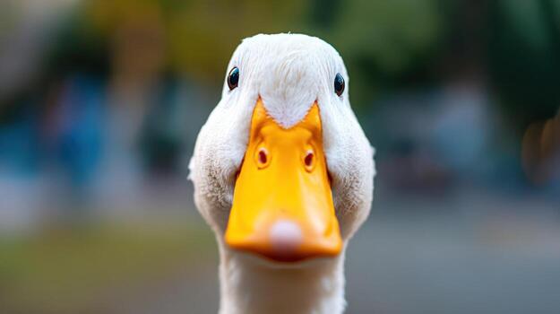 Close up portrait of a domestic duck with white feathers and orange beak photo