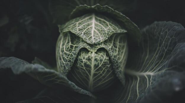 Close up of a green cabbage head with intricate leaf patterns photo